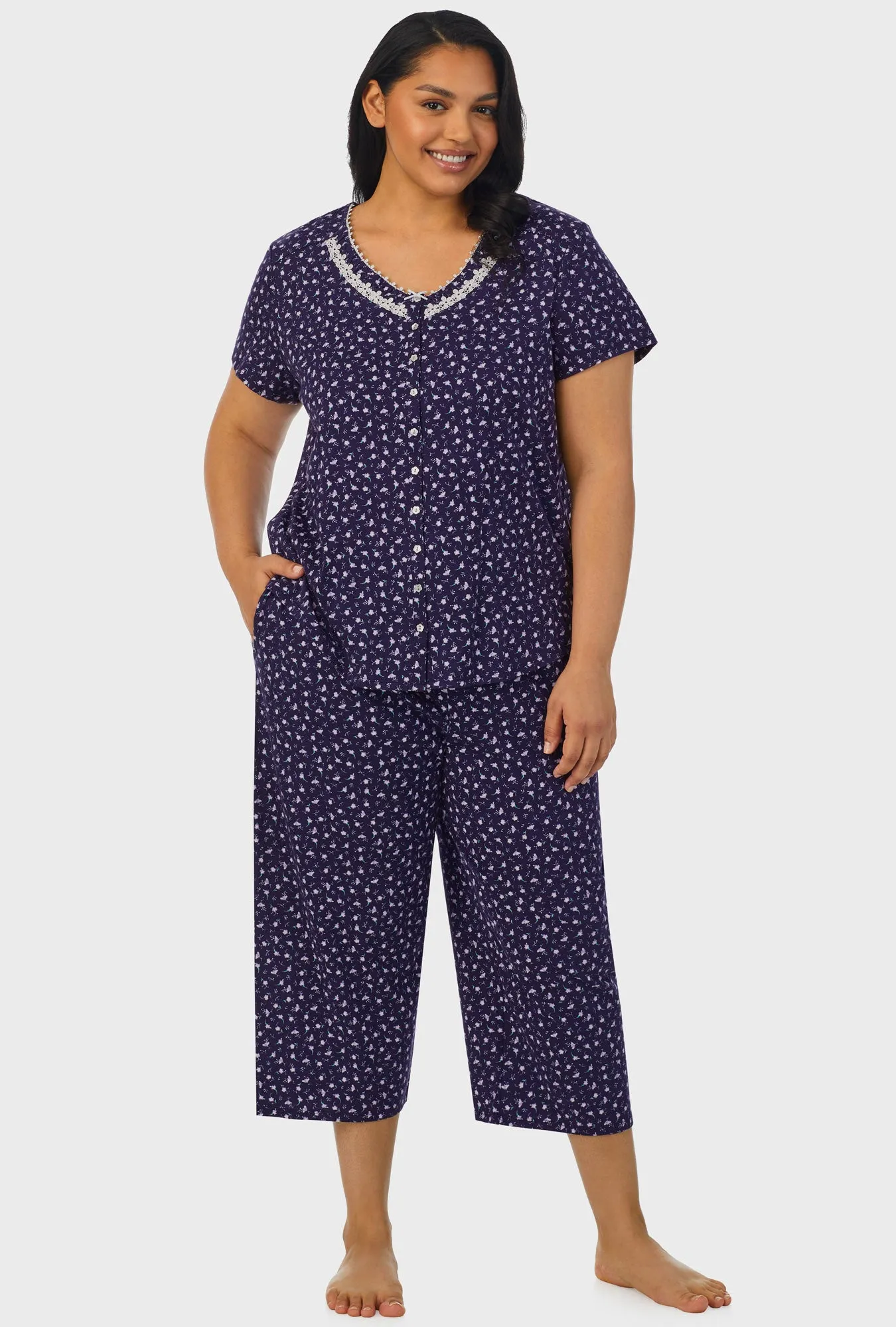 Midnight Blue Ditsy Floral Short Sleeve Capri Pant PJ Set