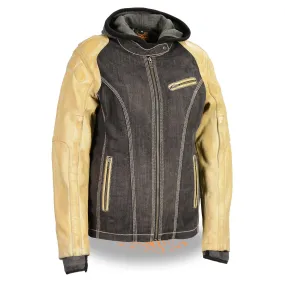 Milwaukee Leather MDL2005 Women's Two Tone Black and Beige Denim & Leather Scuba Jacket with Full Hoodie Jacket Liner