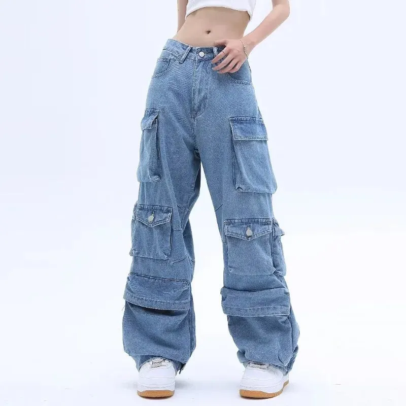 Multi-Pocket Blue Washed Jeans Cargo Pants Y2k Retro Streetwear