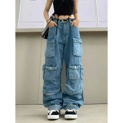 Multi-Pocket Blue Washed Jeans Cargo Pants Y2k Retro Streetwear