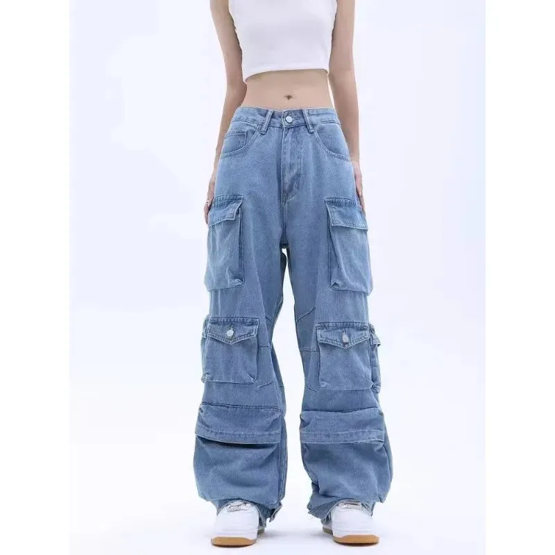 Multi-Pocket Blue Washed Jeans Cargo Pants Y2k Retro Streetwear