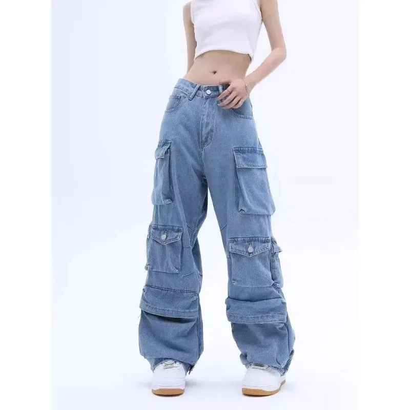 Multi-Pocket Blue Washed Jeans Cargo Pants Y2k Retro Streetwear