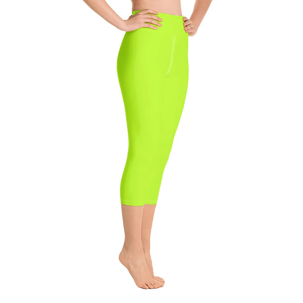 Neon Green Women's Capri Leggings, Solid Color Yoga Capris Tight Pants- Made in USA/ EU