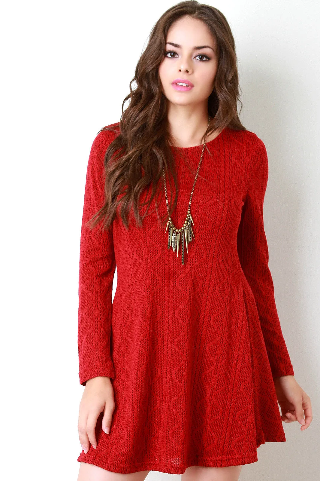 Patterned Knit Longsleeve Shift Dress