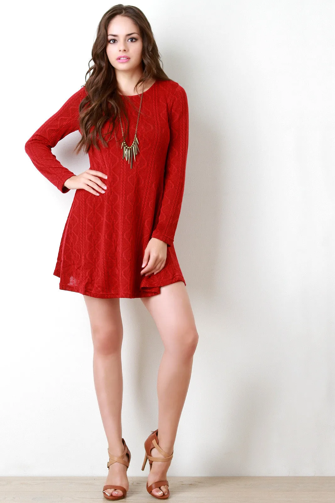 Patterned Knit Longsleeve Shift Dress