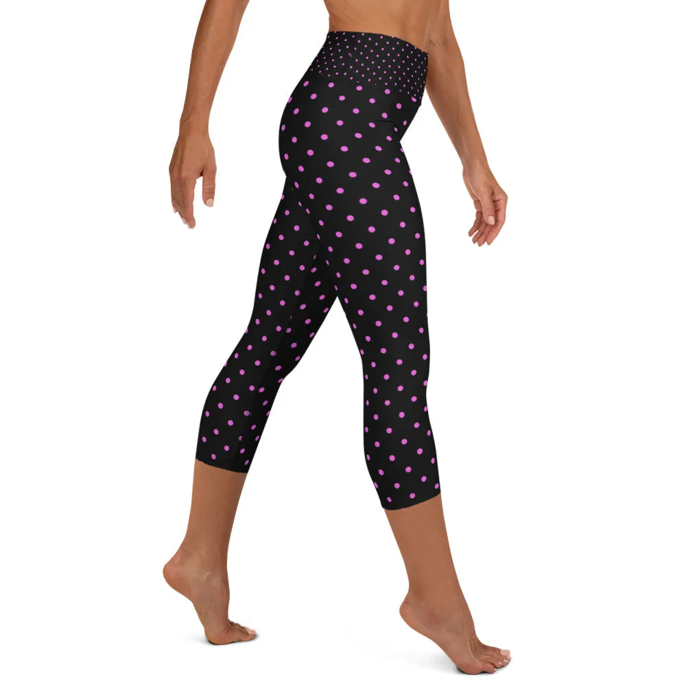 Pink Polka Dots Capri Leggings, Dots Print Black Women's Yoga Capris -Made in USA/EU