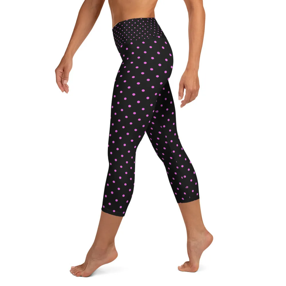 Pink Polka Dots Capri Leggings, Dots Print Black Women's Yoga Capris -Made in USA/EU