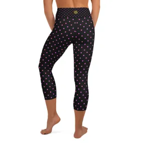 Pink Polka Dots Capri Leggings, Dots Print Black Women's Yoga Capris -Made in USA/EU