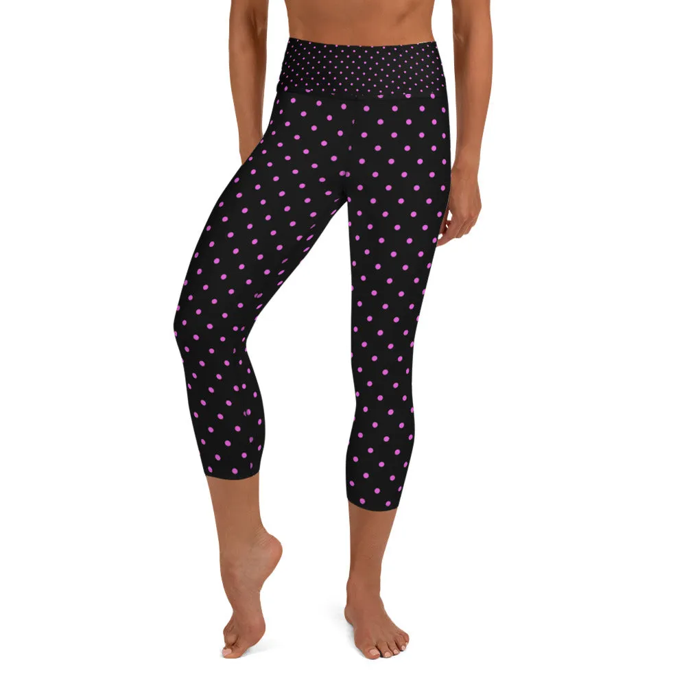 Pink Polka Dots Capri Leggings, Dots Print Black Women's Yoga Capris -Made in USA/EU