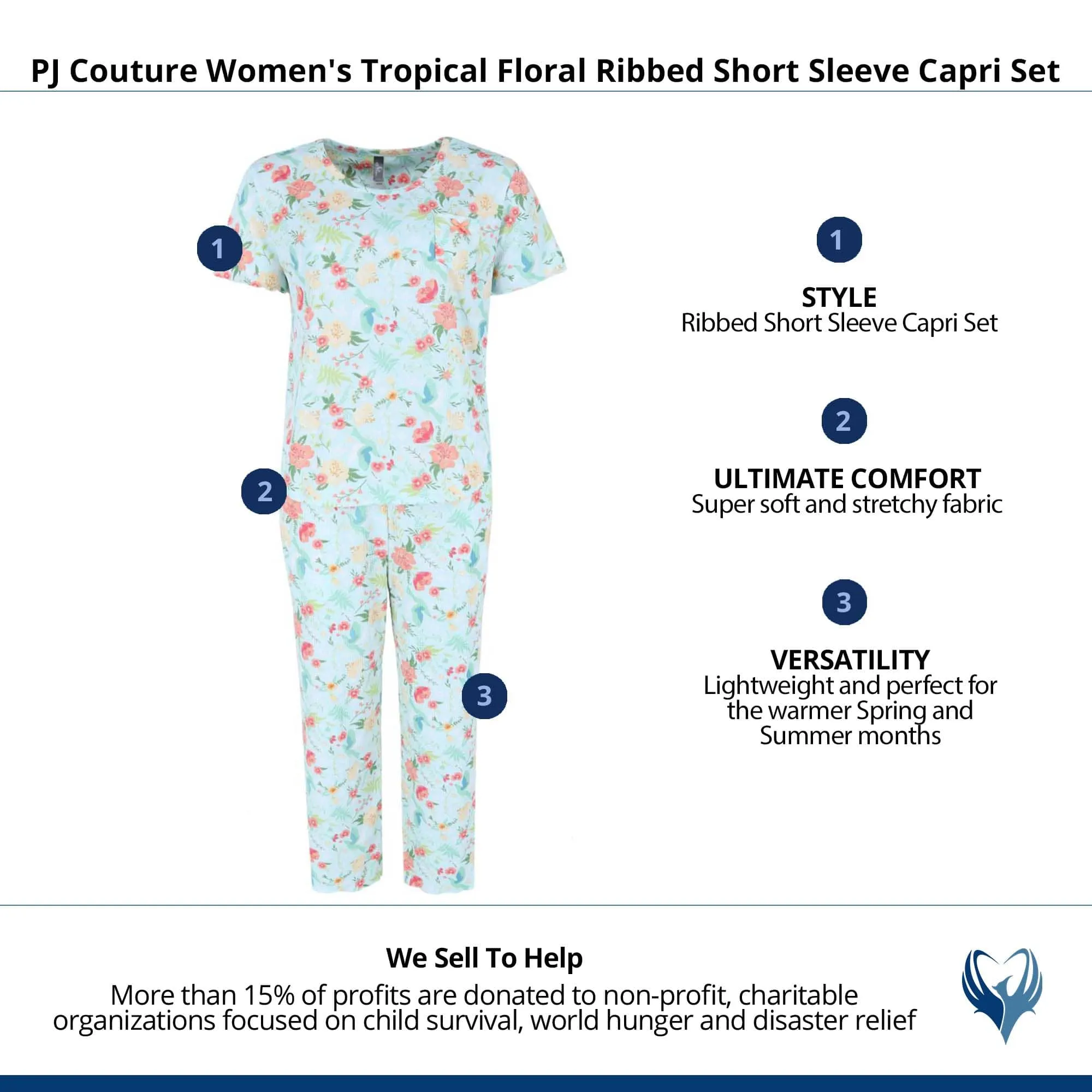 PJ Couture Women's Tropical Floral Ribbed Short Sleeve Capri Set