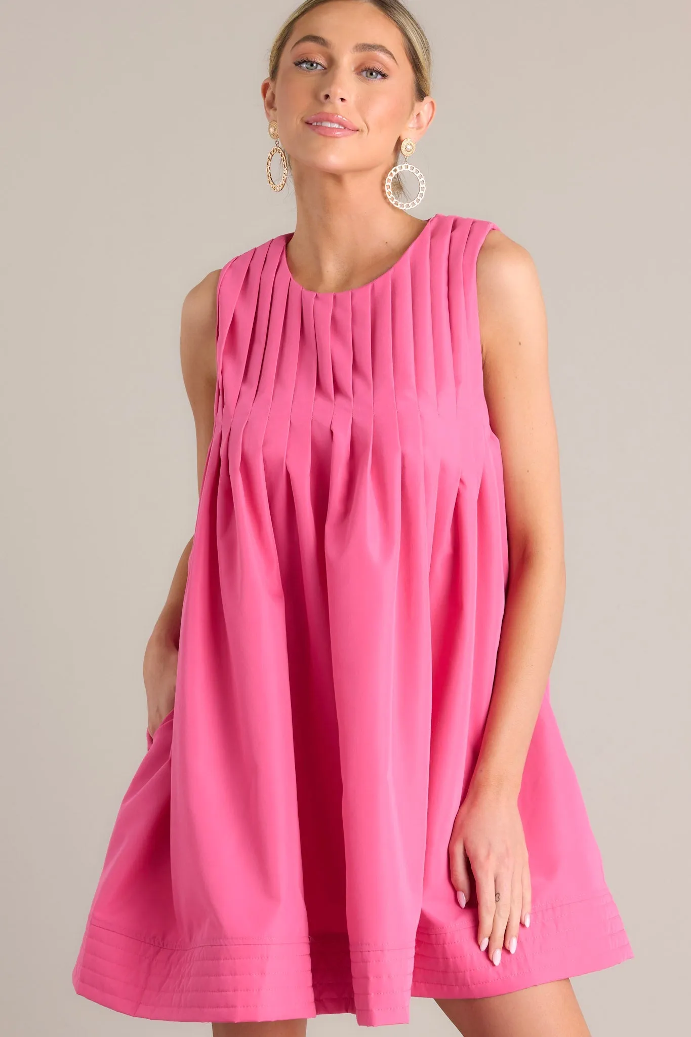 Pleated Petal Hot Pink Mini Shift Dress