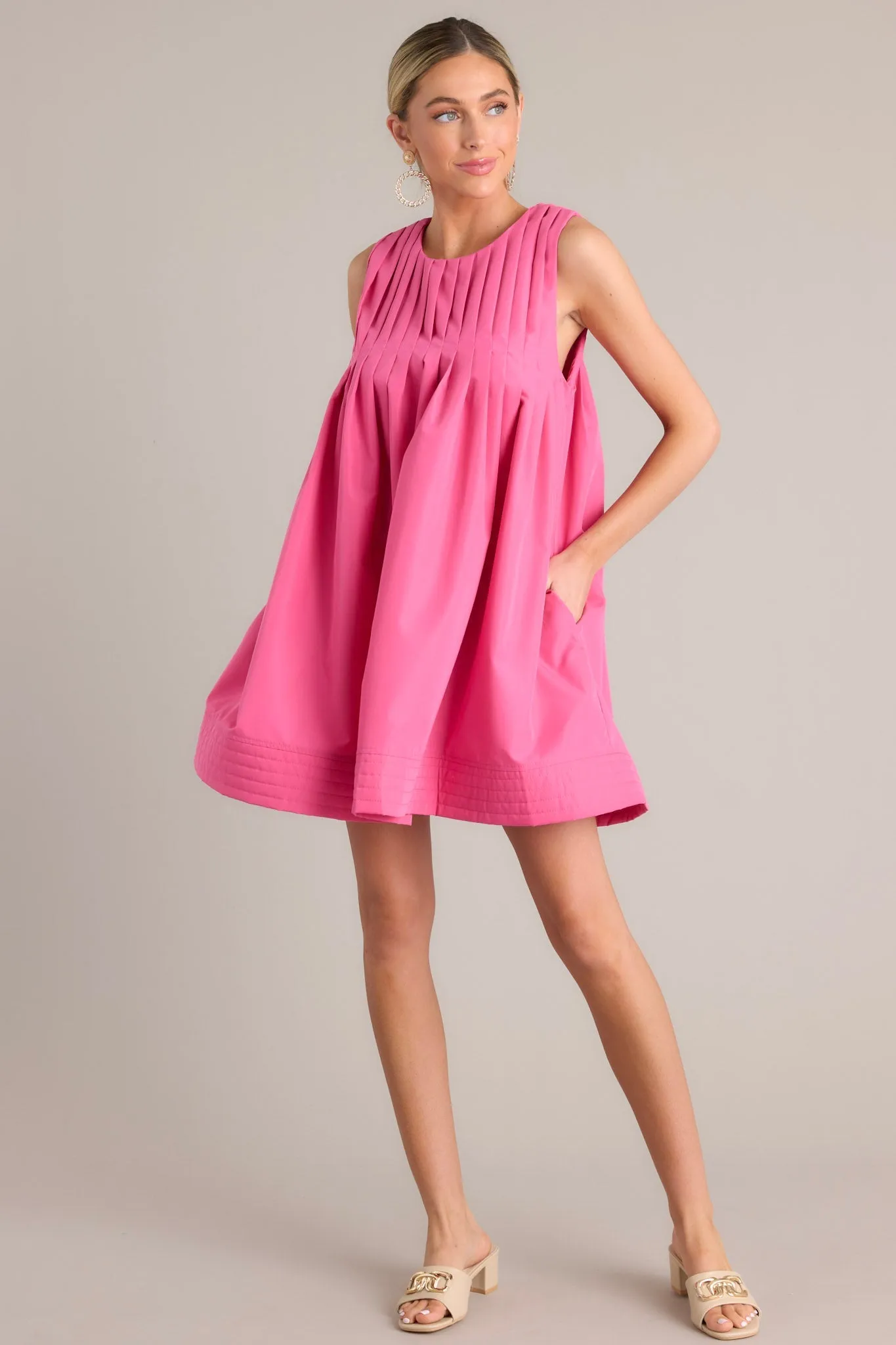 Pleated Petal Hot Pink Mini Shift Dress