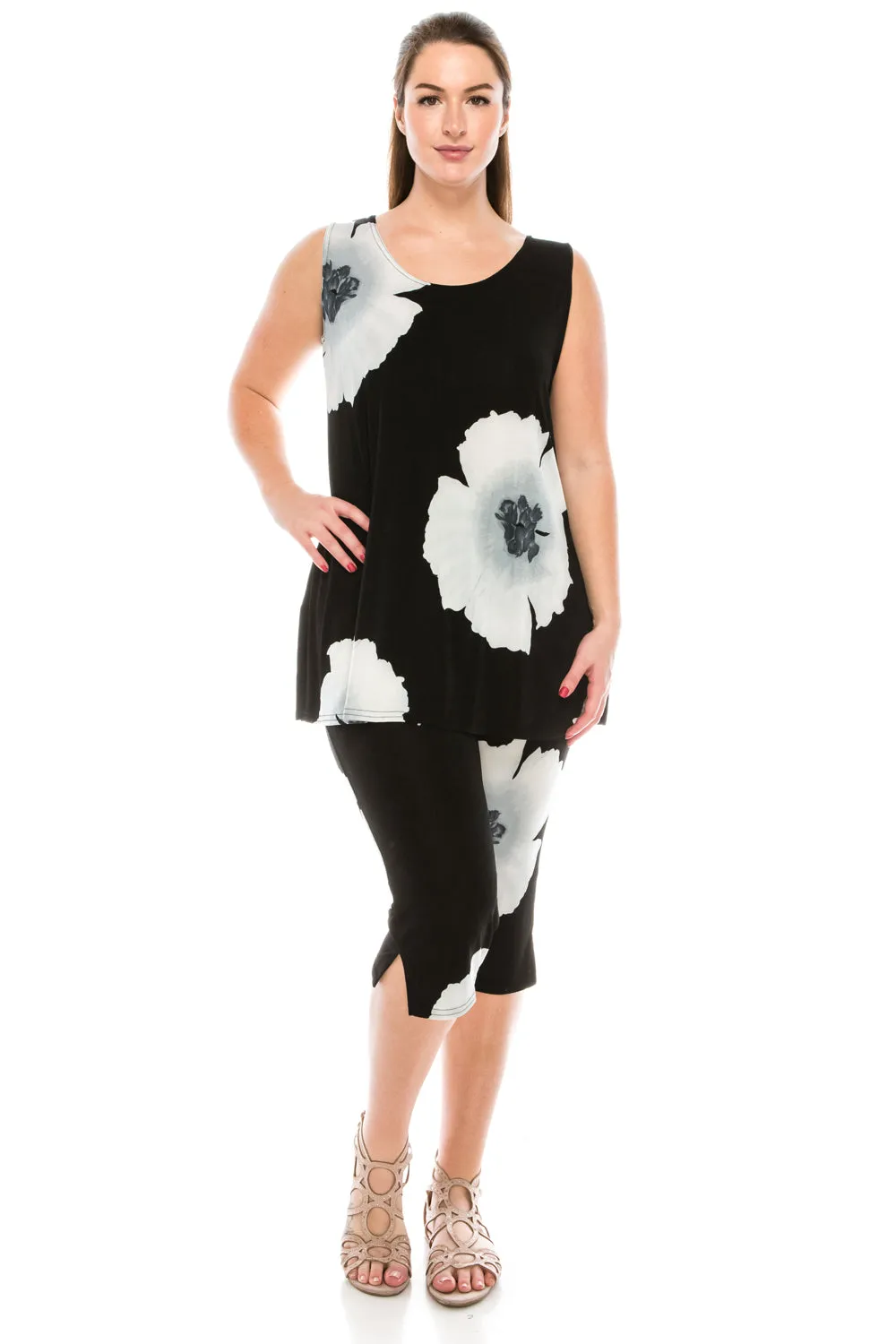 Plus Size Print Sleeveless Capri Pant Set-9002BN-TXP-W113