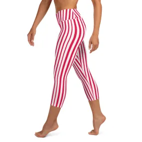 Red Striped Tights, White Vertical Stripes Women's Yoga Capri Leggings Pants- Made in USA/ EU