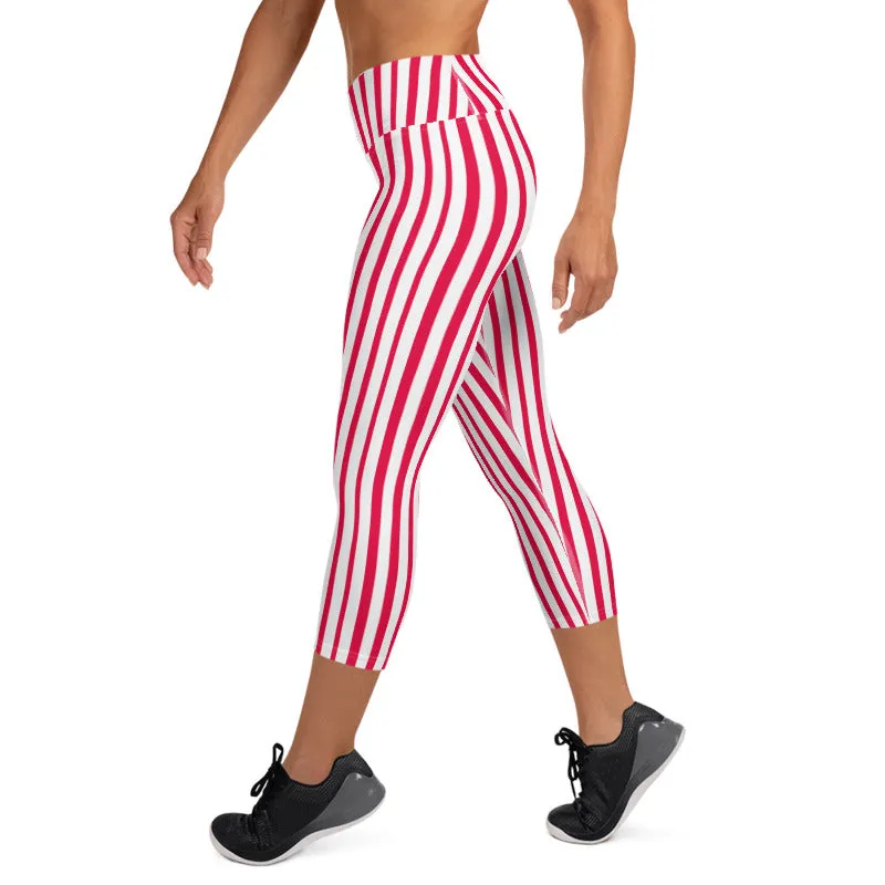 Red Striped Tights, White Vertical Stripes Women's Yoga Capri Leggings Pants- Made in USA/ EU