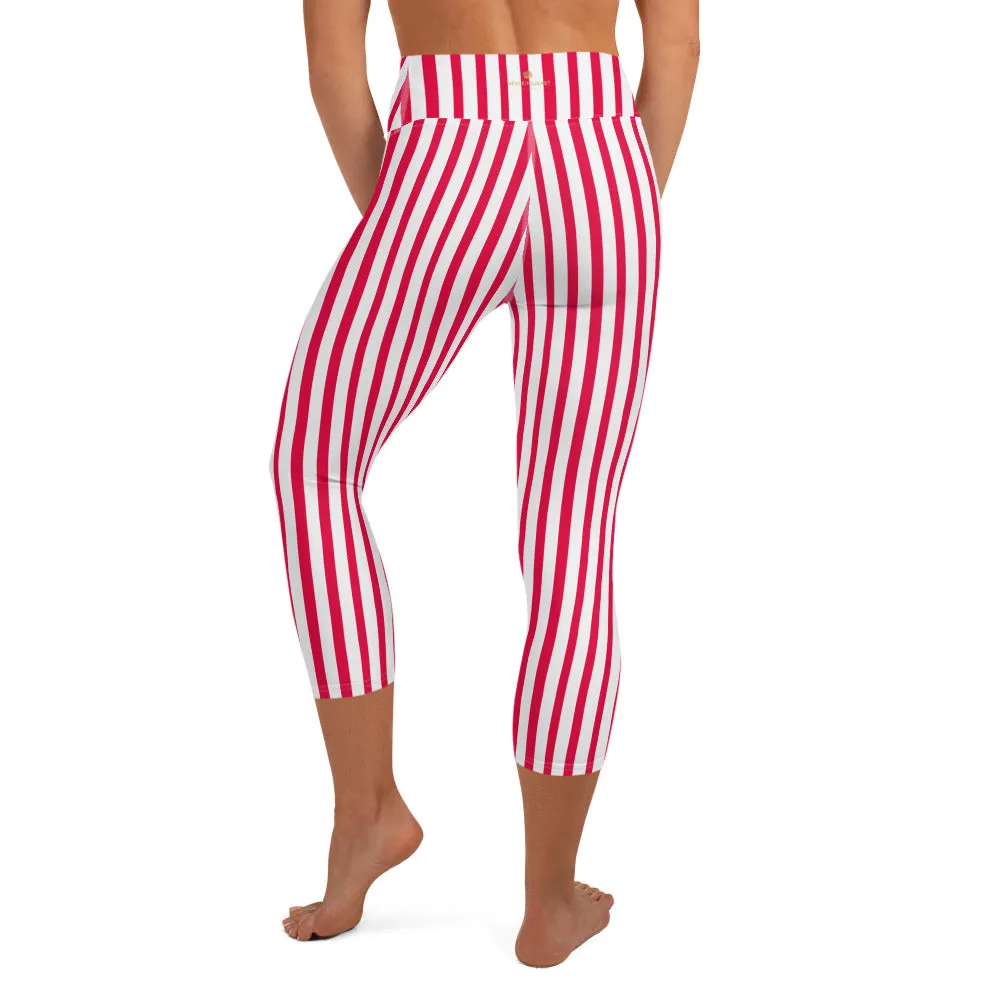 Red Striped Tights, White Vertical Stripes Women's Yoga Capri Leggings Pants- Made in USA/ EU