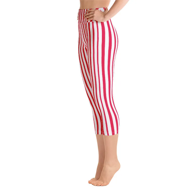 Red Striped Tights, White Vertical Stripes Women's Yoga Capri Leggings Pants- Made in USA/ EU