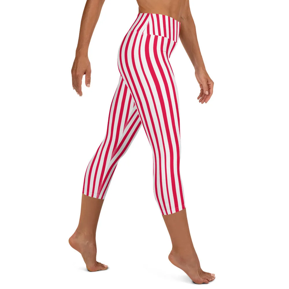 Red Striped Tights, White Vertical Stripes Women's Yoga Capri Leggings Pants- Made in USA/ EU