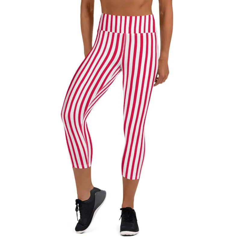 Red Striped Tights, White Vertical Stripes Women's Yoga Capri Leggings Pants- Made in USA/ EU