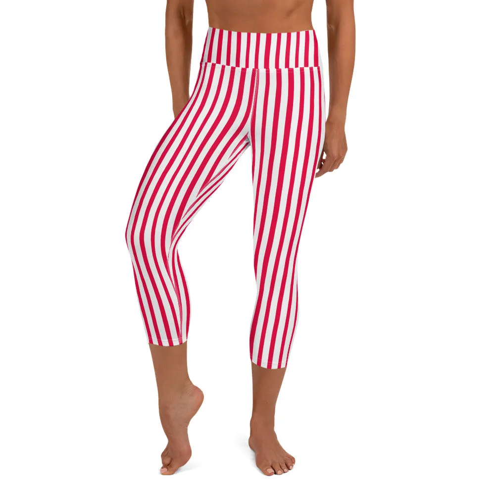 Red Striped Tights, White Vertical Stripes Women's Yoga Capri Leggings Pants- Made in USA/ EU