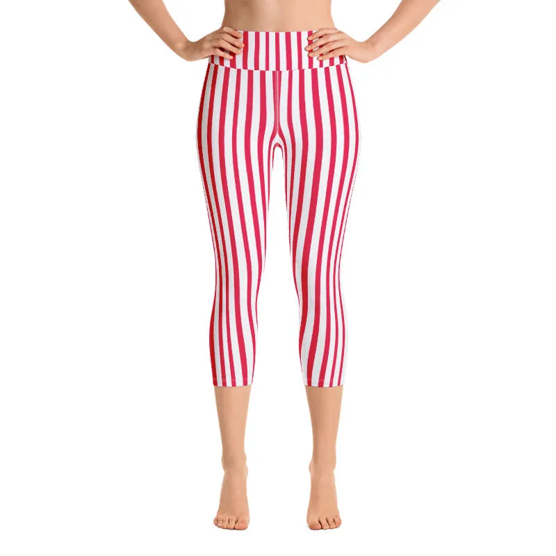 Red Striped Tights, White Vertical Stripes Women's Yoga Capri Leggings Pants- Made in USA/ EU