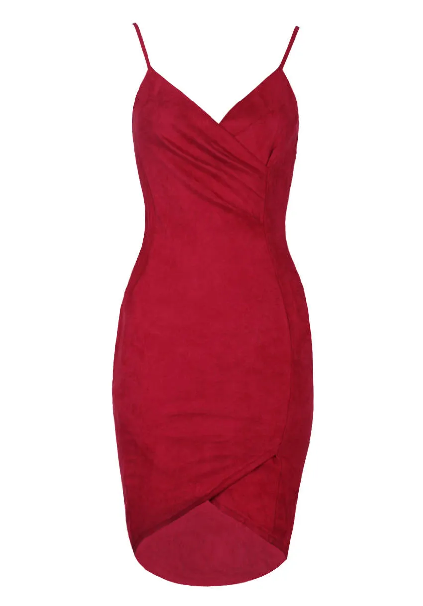 Red Wrap Front Suede Dress