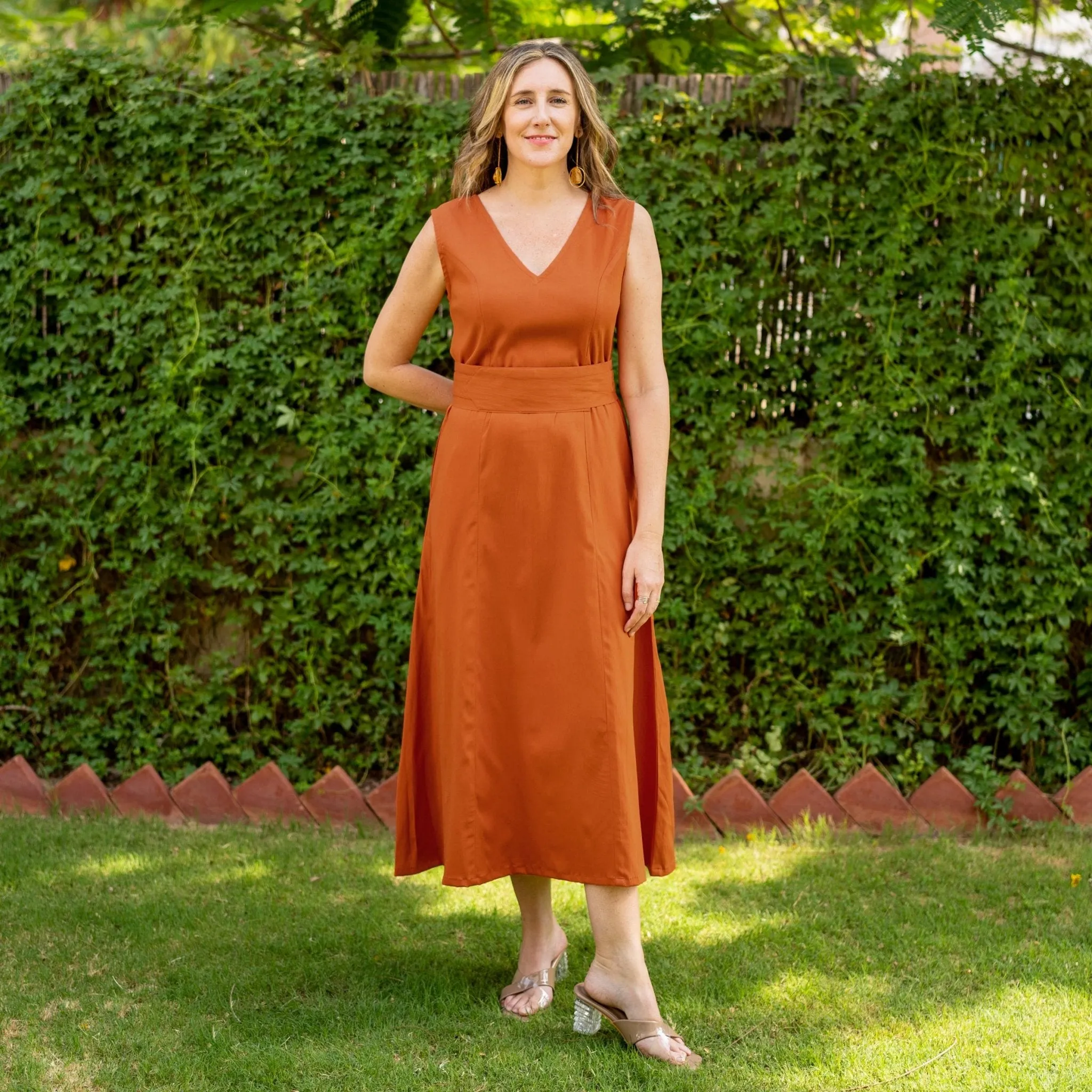 Rust Khakhi Cotton A-Line Maxi Wrap Belt Dress