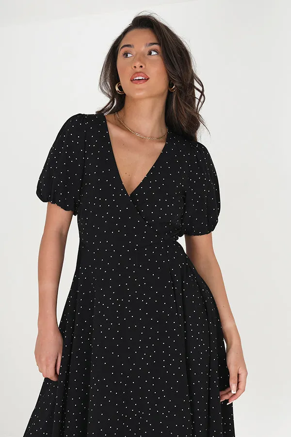 V FRONT POLKA DOT WRAP MIDI DRESS