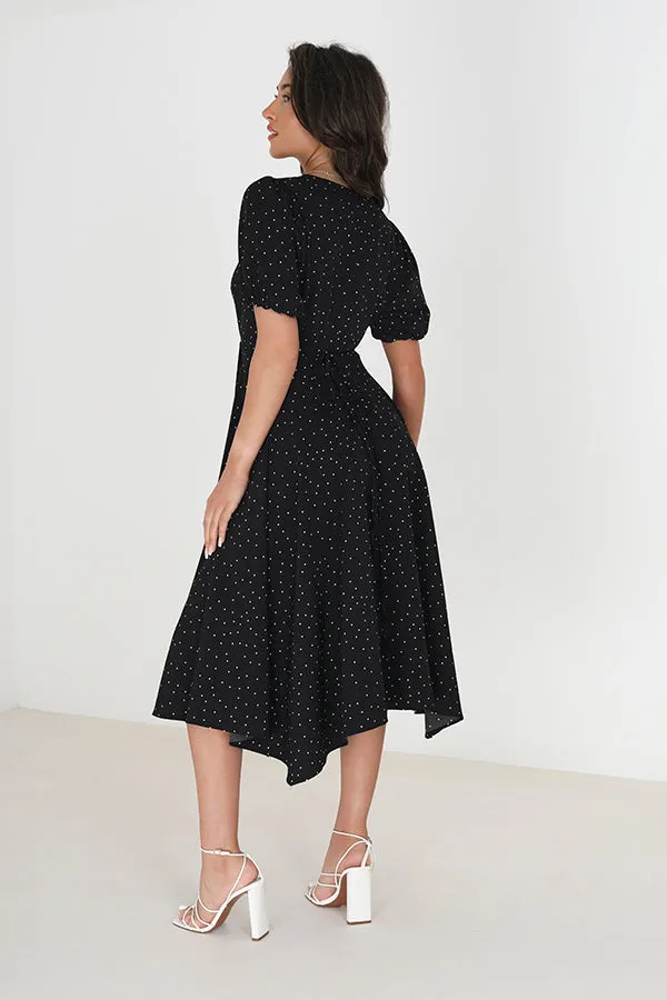 V FRONT POLKA DOT WRAP MIDI DRESS