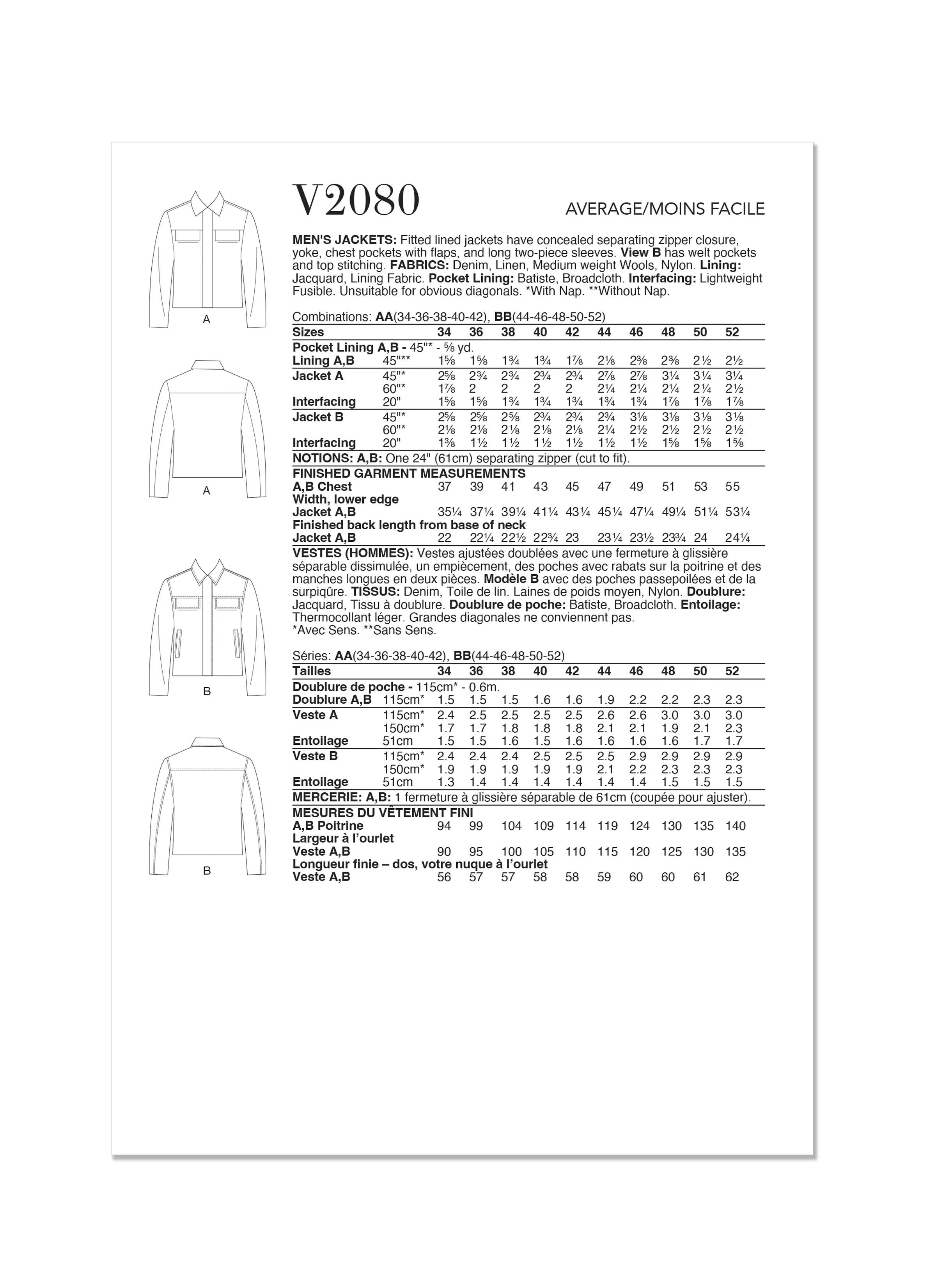 Vogue Sewing Pattern 2080 Men's Jackets